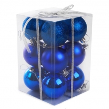 Набор шаров 12 пластиковых, мат/глян/глит, 6см, синий /ПВХ коробка 